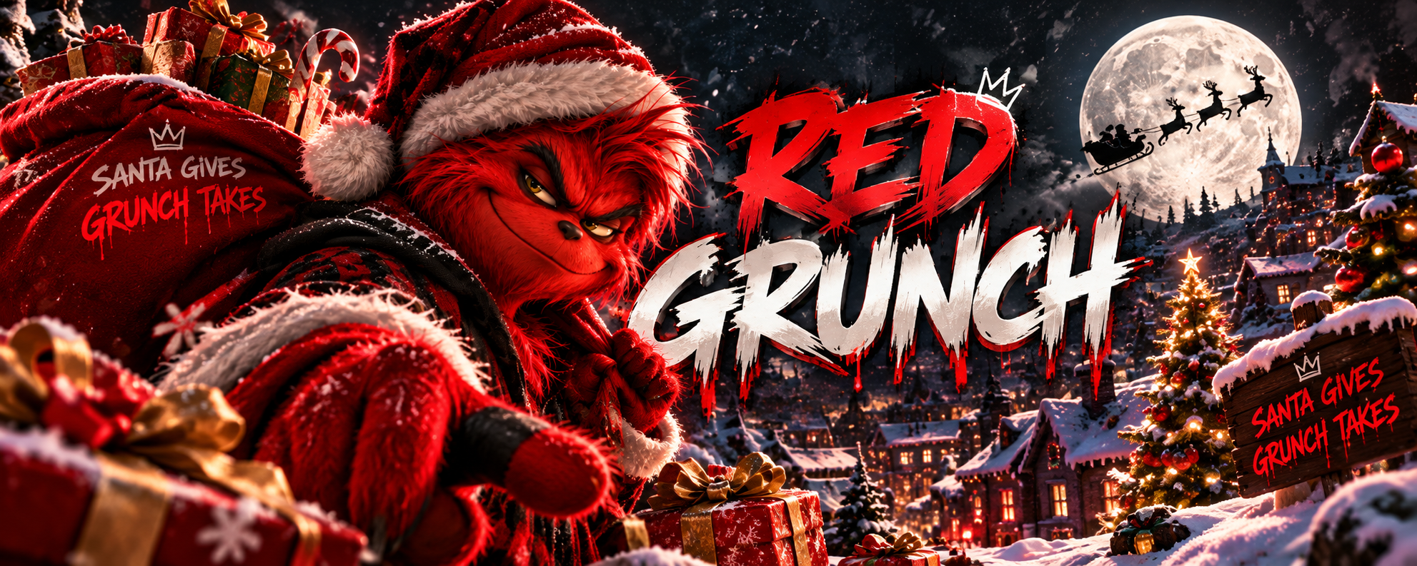 Red Grunch wearing a Santa hat in a snowy Christmas village. Red Grunch: Santa gives, Grunch takes.